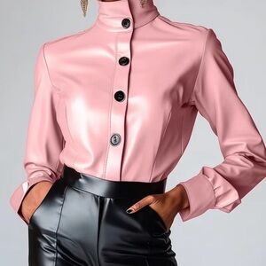 Spring 2026/ Pink High-Neck Button PU Leather Jacket